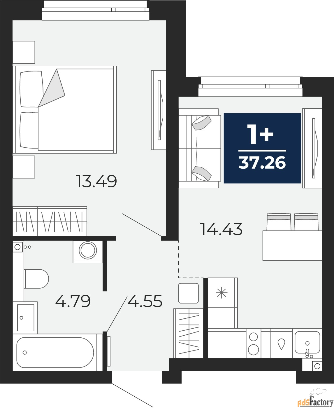 1 - комн. квартира, 37.26 м², 1/21 эт.