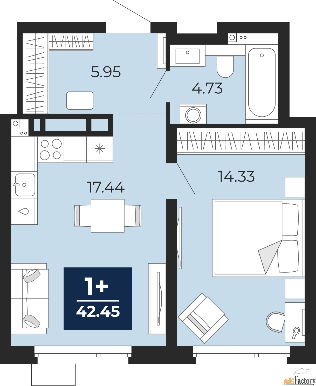 1 - комн. квартира, 42.45 м², 1/21 эт.