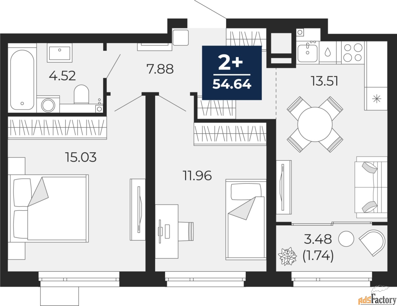 2 - комн. квартира, 54.64 м², 14/21 эт.