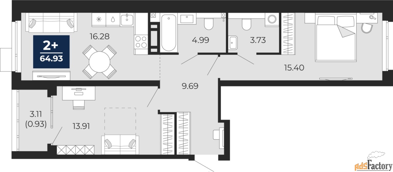 2 - комн. квартира, 64.93 м², 2/14 эт.