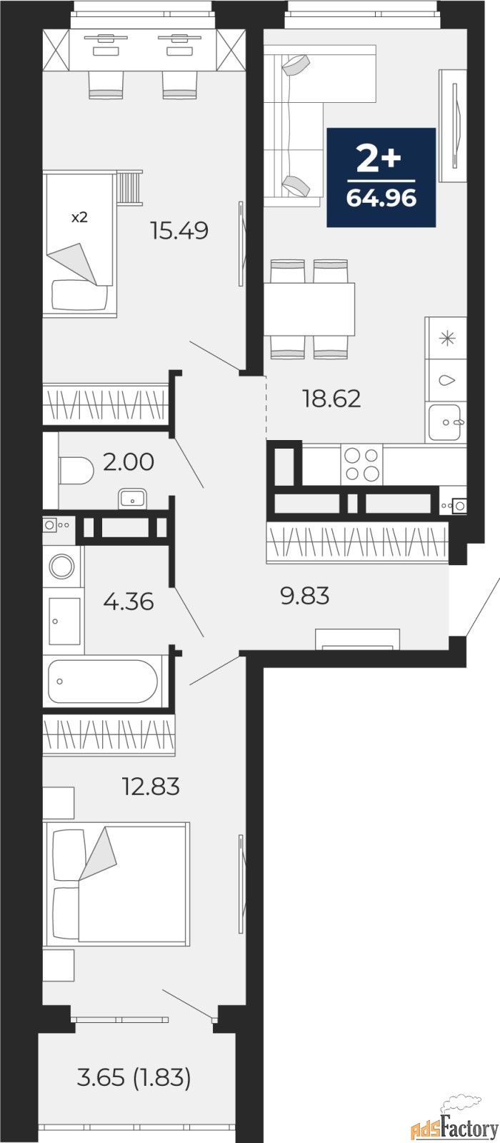 2 - комн. квартира, 64.82 м², 10/21 эт.