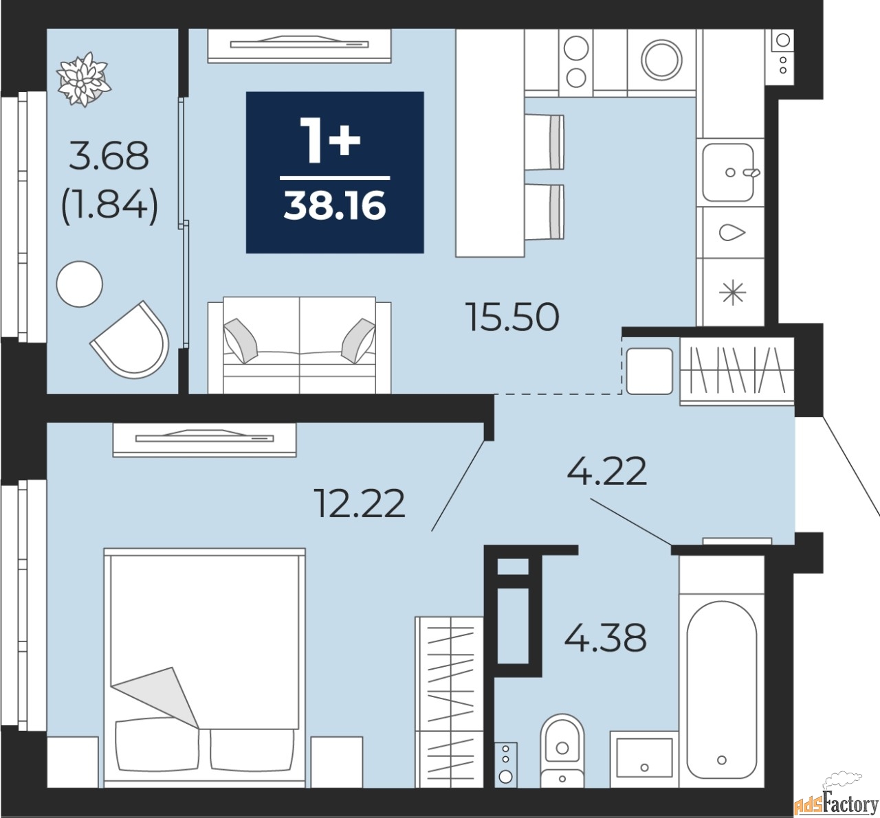 1 - комн. квартира, 38.16 м², 12/17 эт.