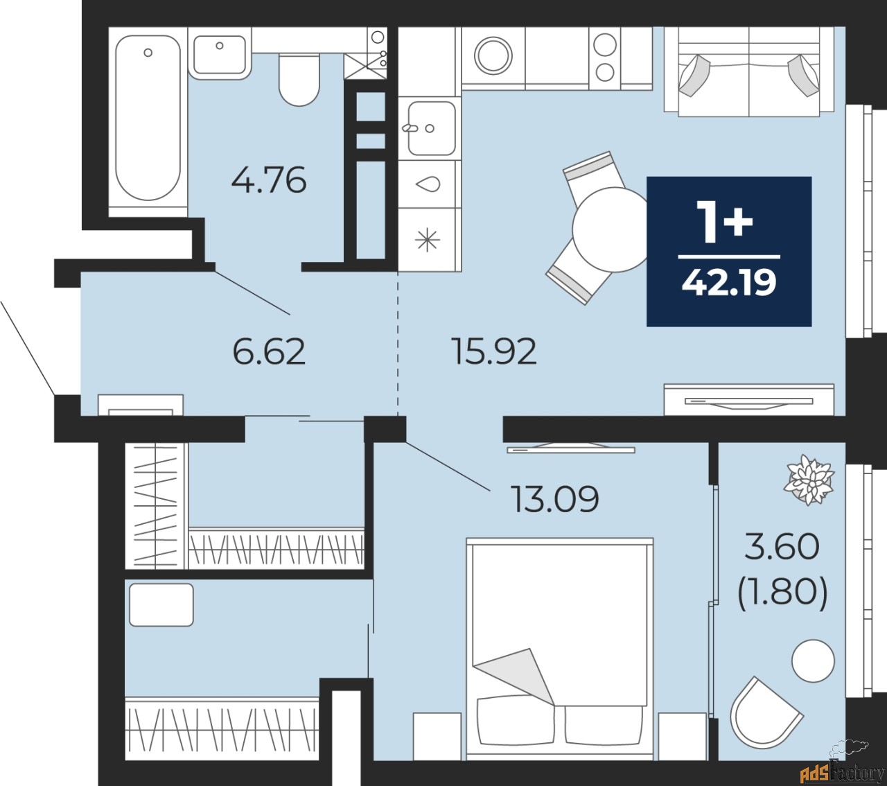 1 - комн. квартира, 42.19 м², 14/22 эт.