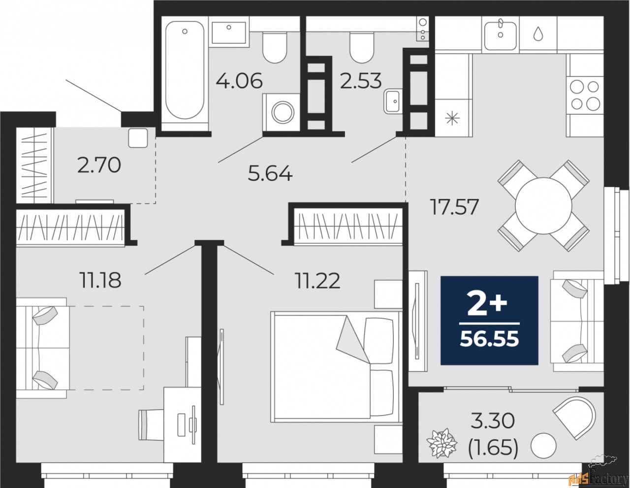 2 - комн. квартира, 56.55 м², 5/21 эт.