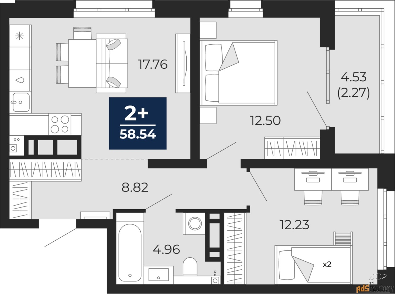 2 - комн. квартира, 58.54 м², 3/22 эт.