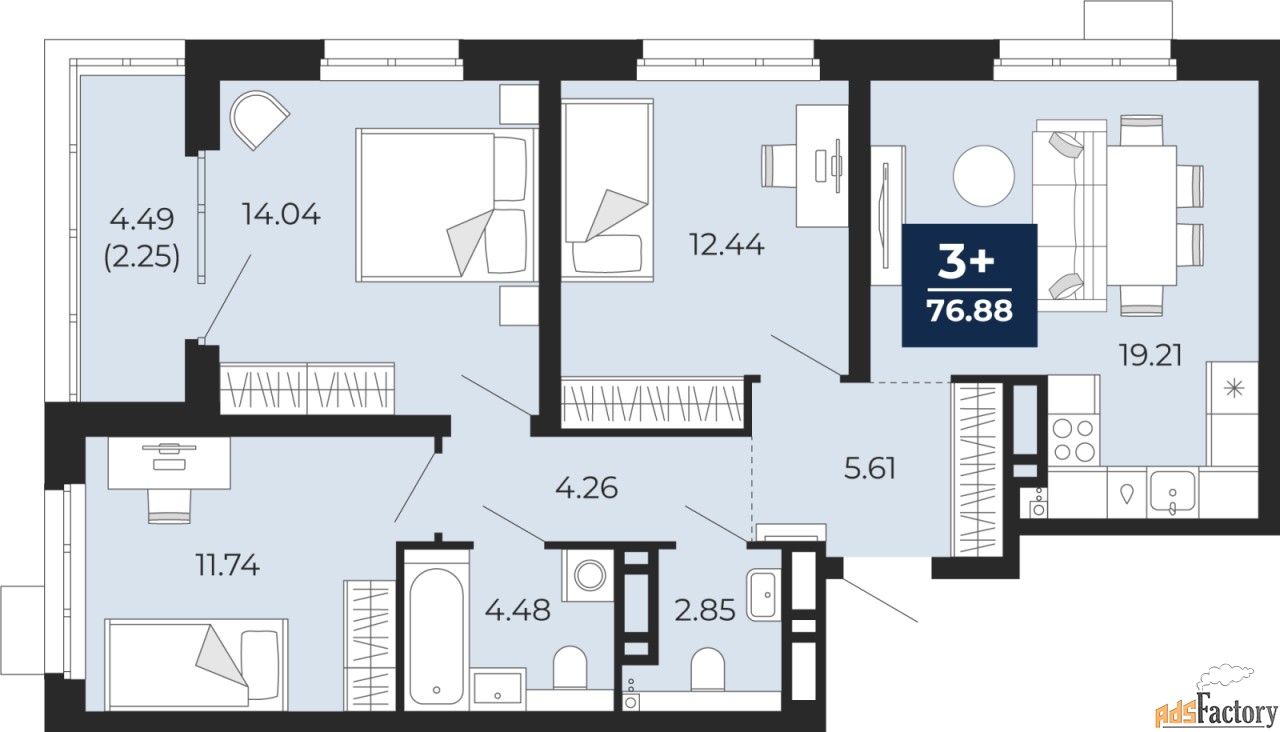 3 - комн. квартира, 76.88 м², 11/22 эт.
