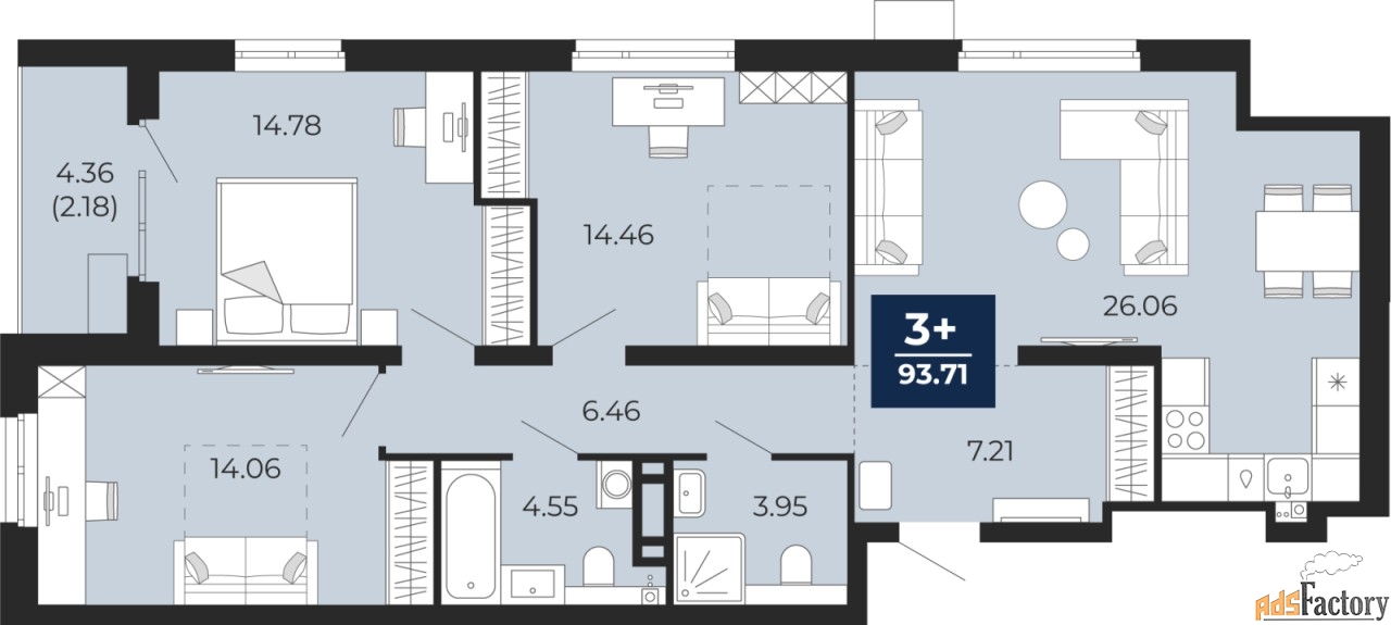 3 - комн. квартира, 93.71 м², 14/14 эт.