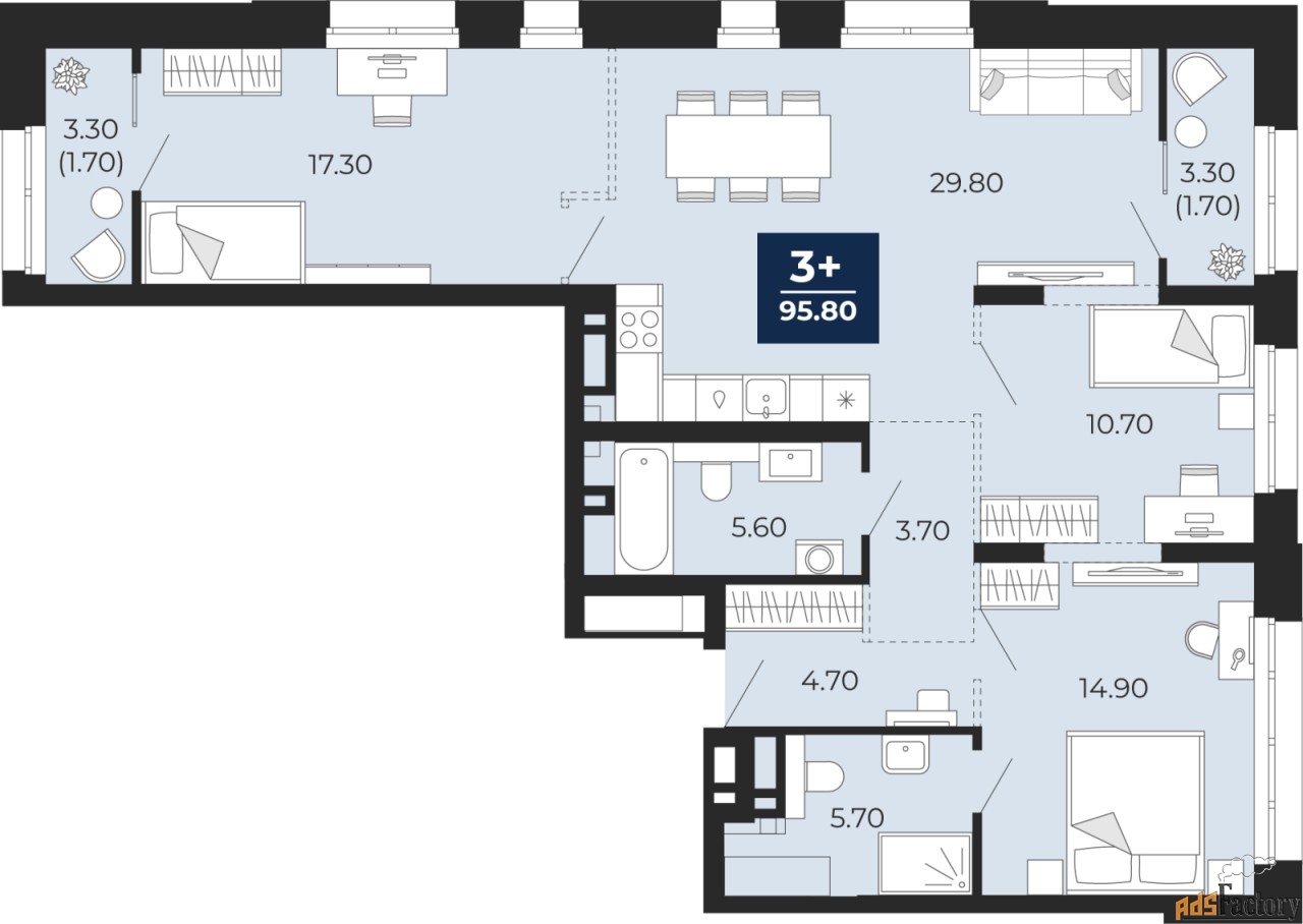 3 - комн. квартира, 92.4 м², 13/14 эт.
