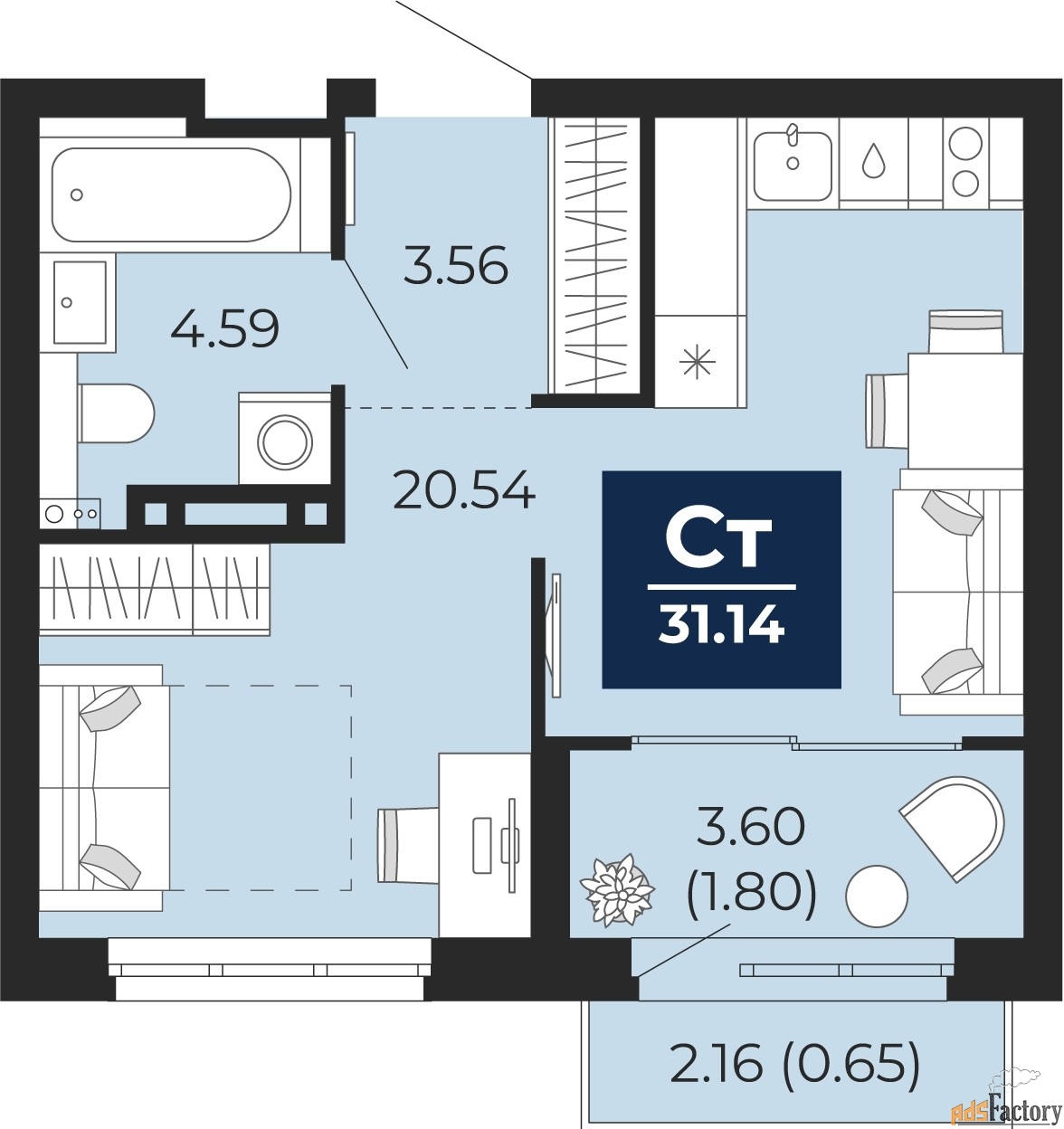 1 - комн. квартира, 31.14 м², 4/21 эт.