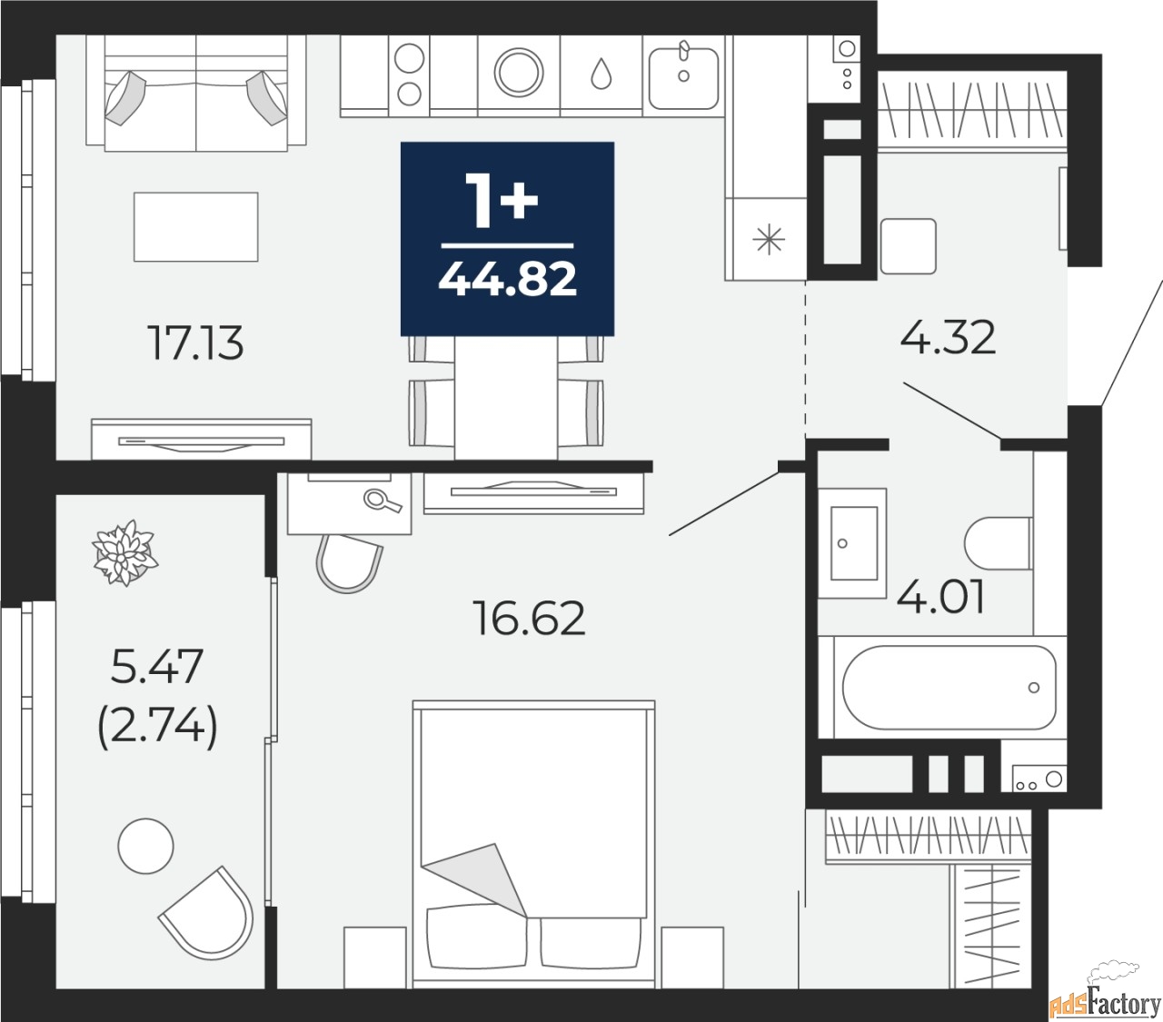 1 - комн. квартира, 44.82 м², 14/21 эт.