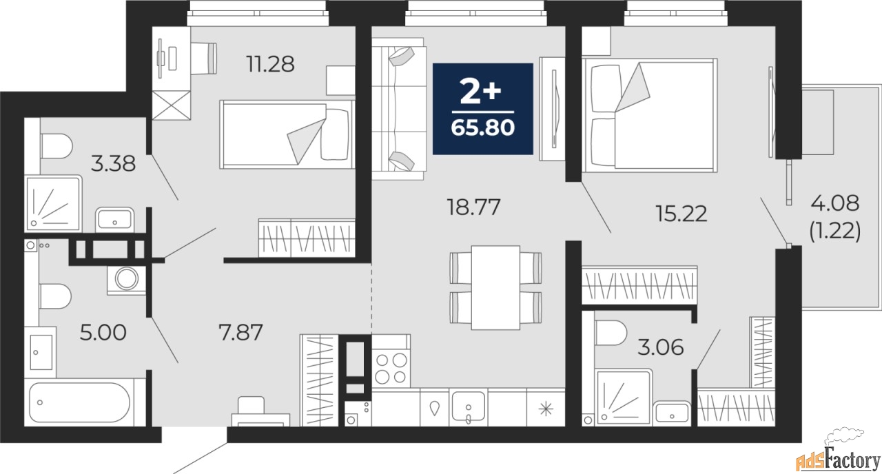 2 - комн. квартира, 65.8 м², 3/22 эт.