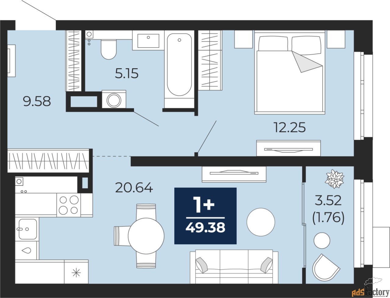 1 - комн. квартира, 49.38 м², 2/22 эт.