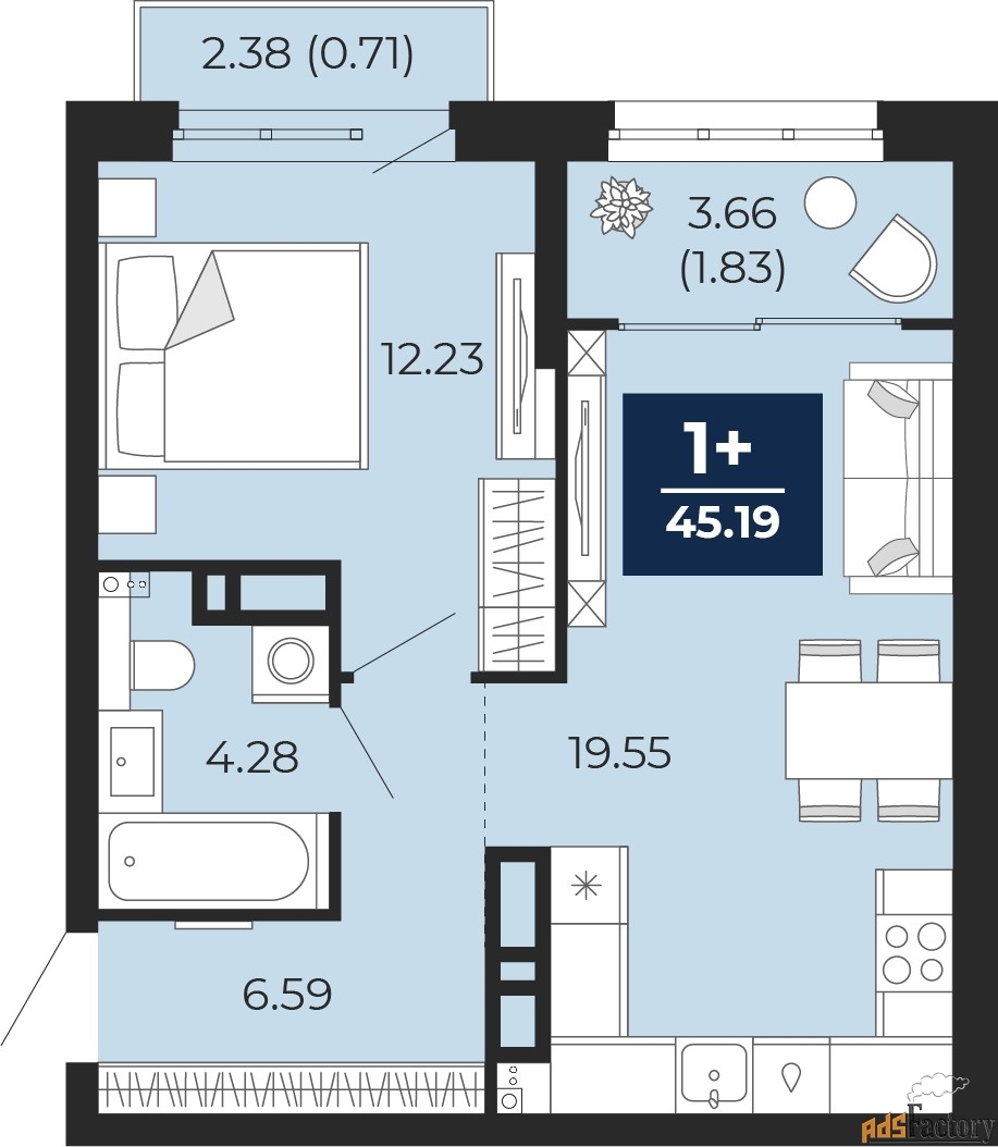 1 - комн. квартира, 45.19 м², 9/16 эт.