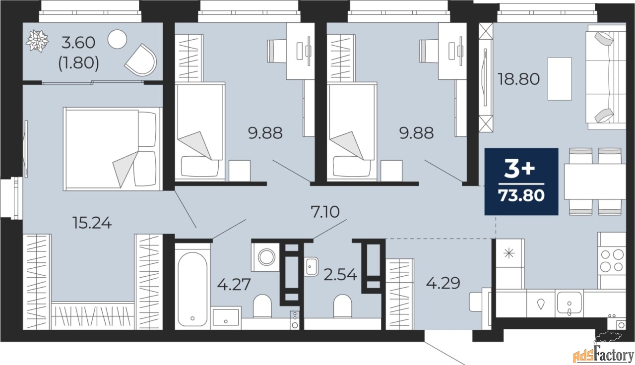3 - комн. квартира, 73.8 м², 6/9 эт.