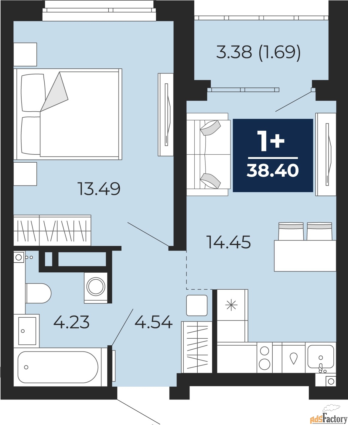 1 - комн. квартира, 38.4 м², 12/22 эт.