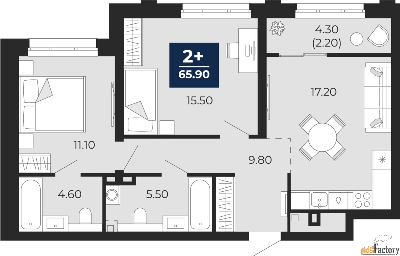 2 - комн. квартира, 57.8 м², 6/18 эт.