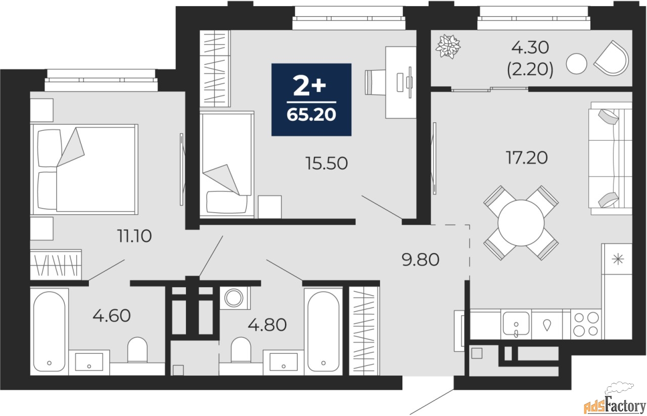 3 - комн. квартира, 67.17 м², 6/8 эт.