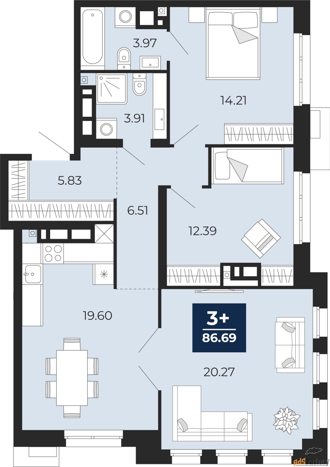 3 - комн. квартира, 91.65 м², 13/18 эт.