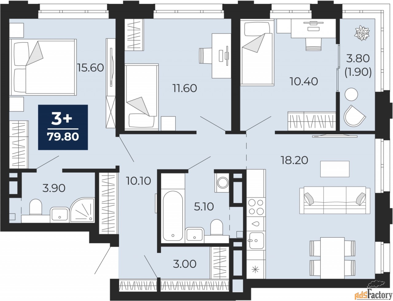 3 - комн. квартира, 79.8 м², 11/24 эт.