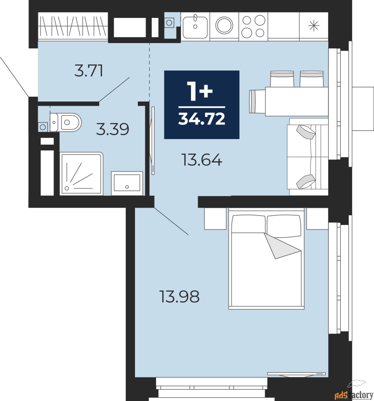 1 - комн. квартира, 46.59 м², 13/18 эт.