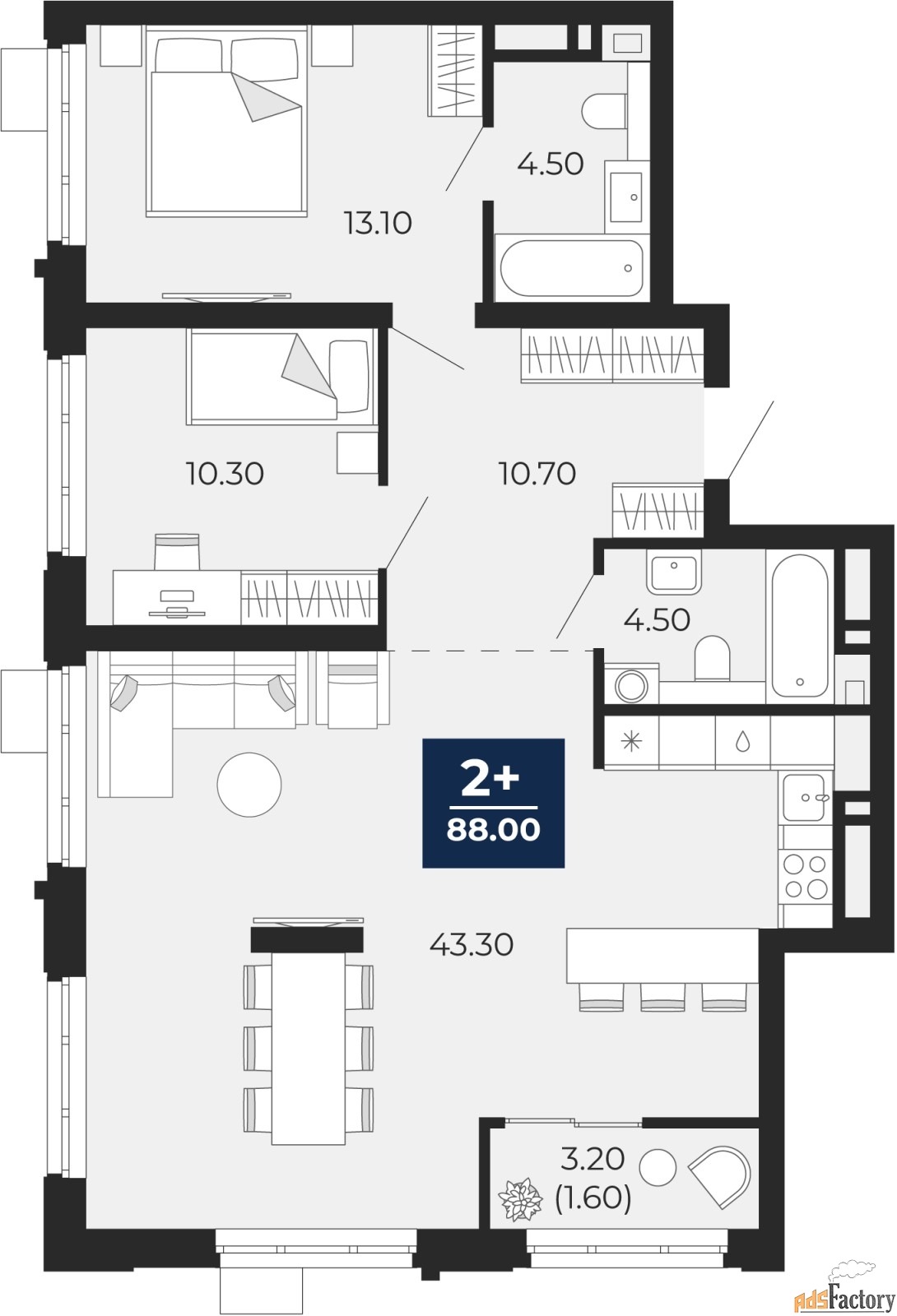 2 - комн. квартира, 89.51 м², 3/18 эт.