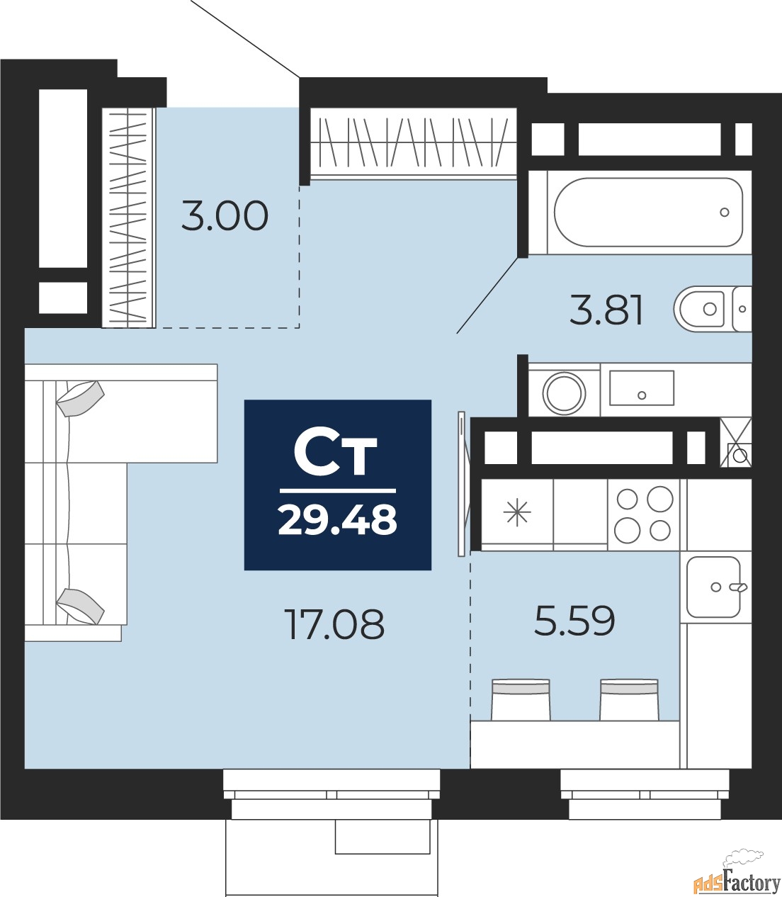 1 - комн. квартира, 29.48 м², 7/18 эт.