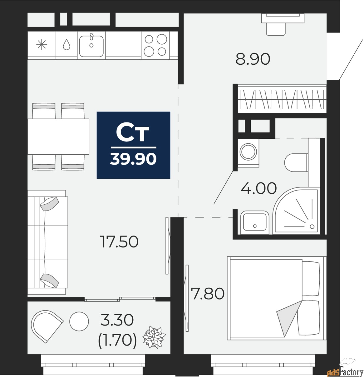 1 - комн. квартира, 44.8 м², 3/14 эт.