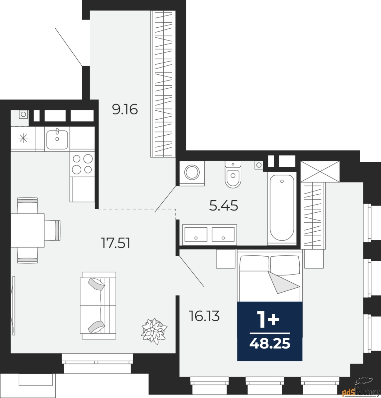 1 - комн. квартира, 38.99 м², 3/4 эт.