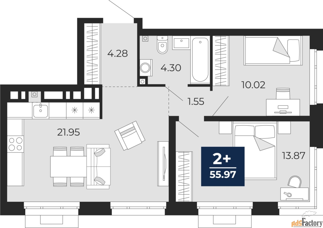 1 - комн. квартира, 52.96 м², 2/24 эт.