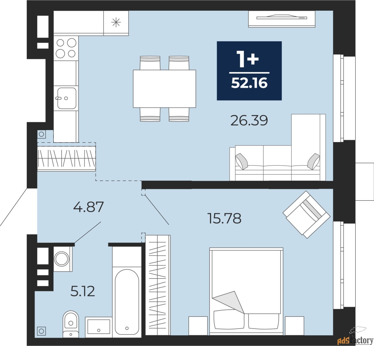 1 - комн. квартира, 52.16 м², 6/18 эт.