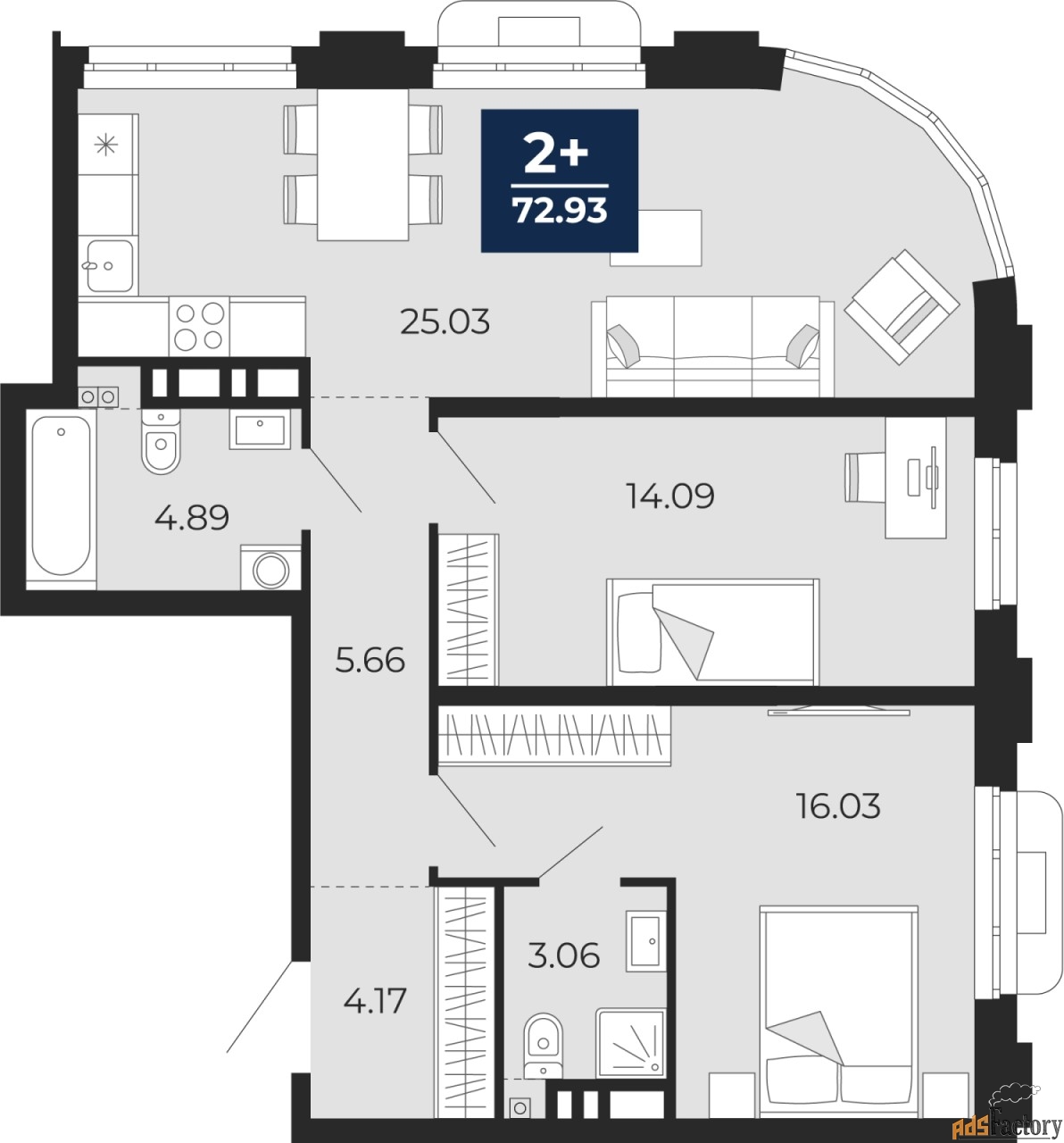 2 - комн. квартира, 72.93 м², 6/12 эт.