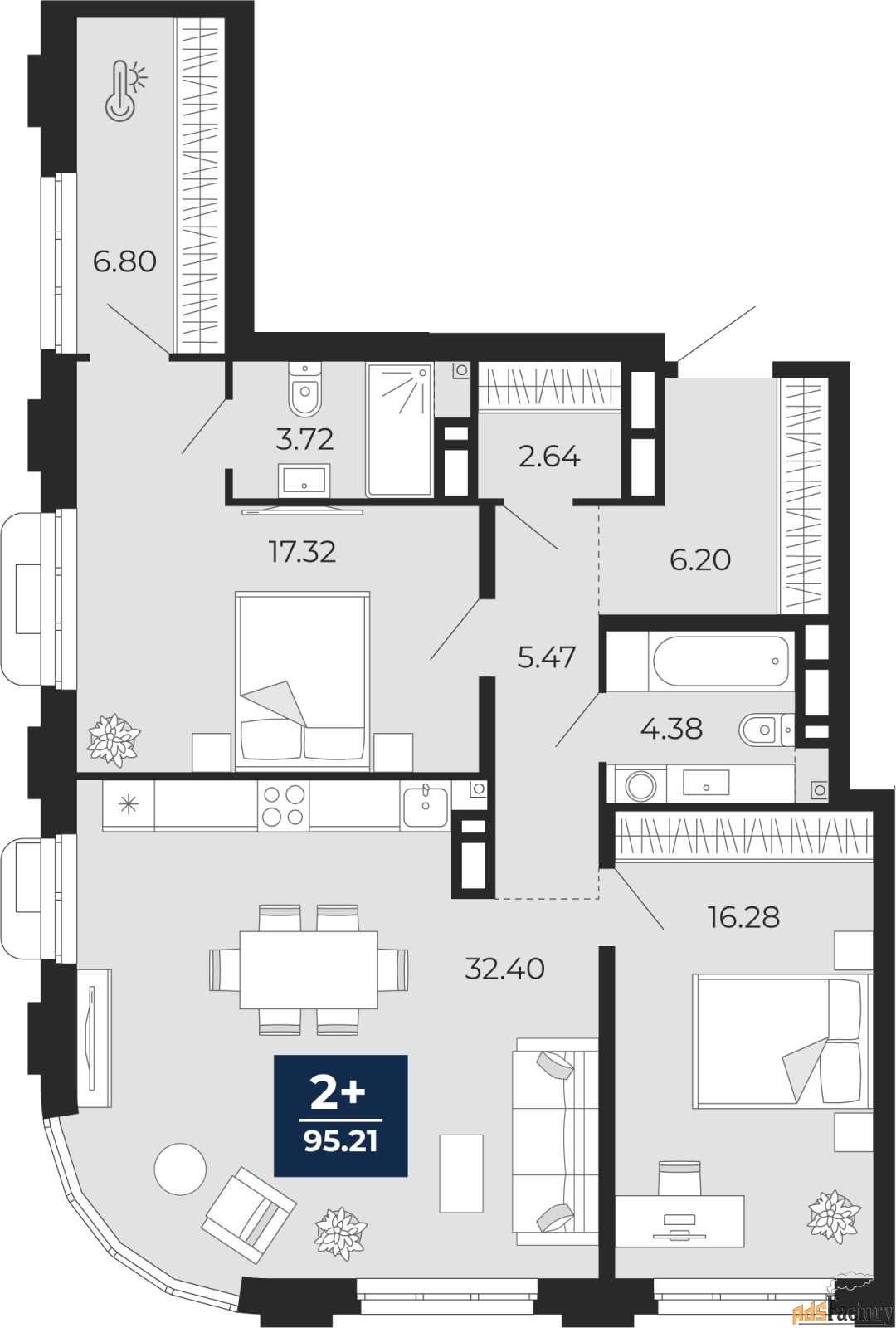 2 - комн. квартира, 95.21 м², 7/14 эт.