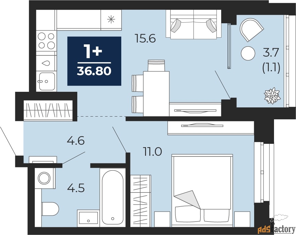1 - комн. квартира, 36.8 м², 9/16 эт.