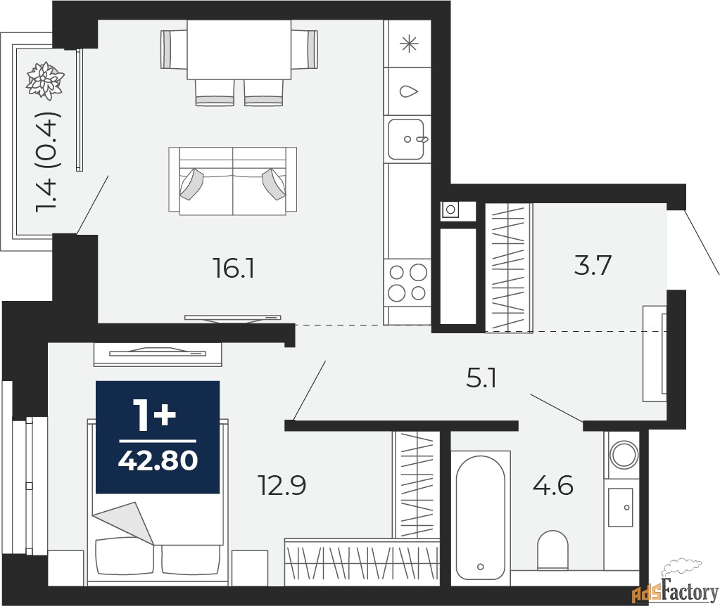 1 - комн. квартира, 42.8 м², 2/16 эт.
