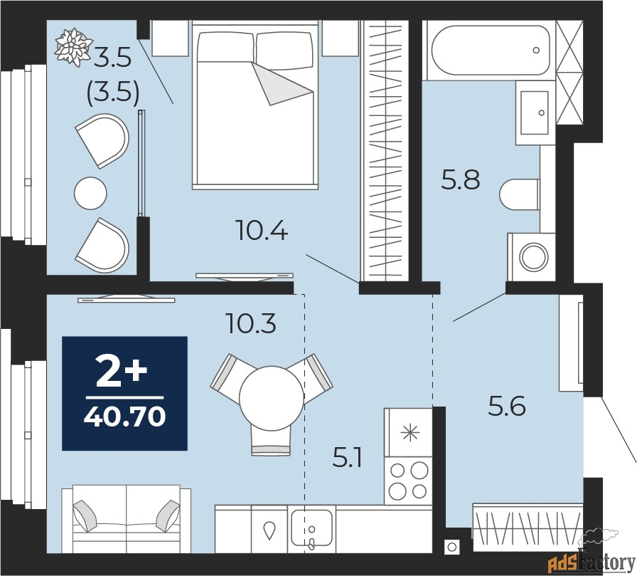 2 - комн. квартира, 40.7 м², 1/14 эт.