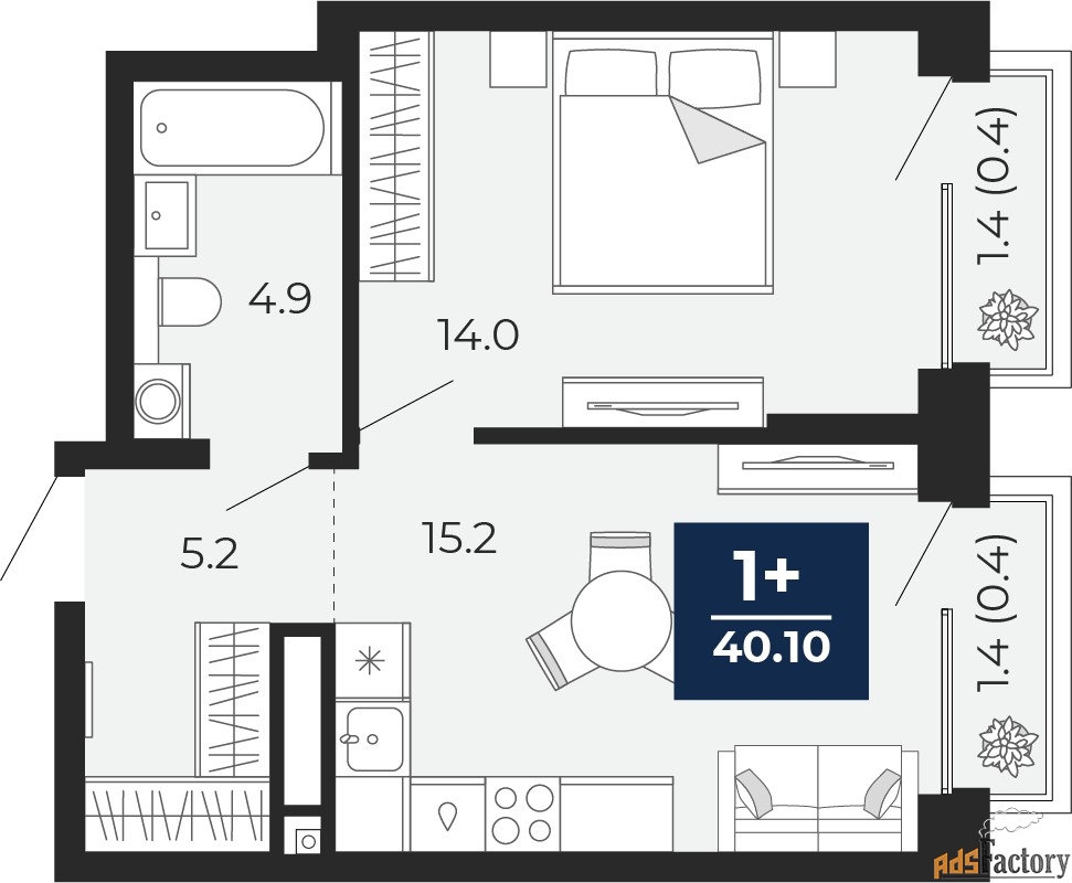 1 - комн. квартира, 40.1 м², 11/14 эт.