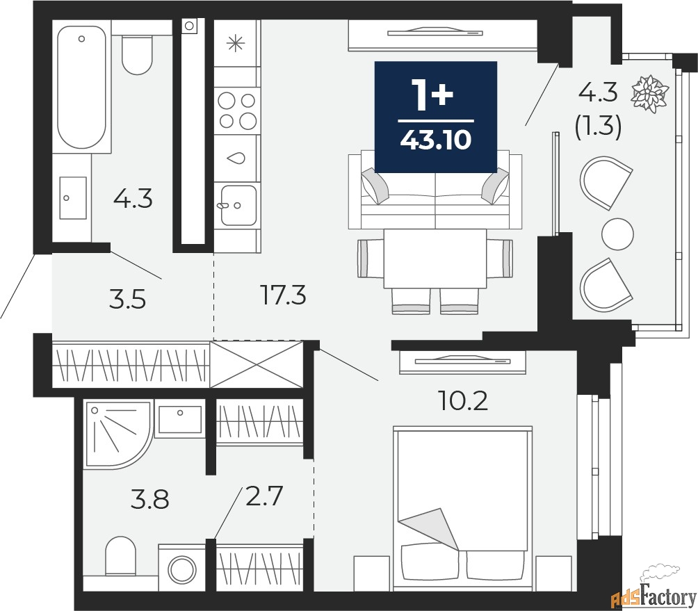 1 - комн. квартира, 43.1 м², 9/14 эт.