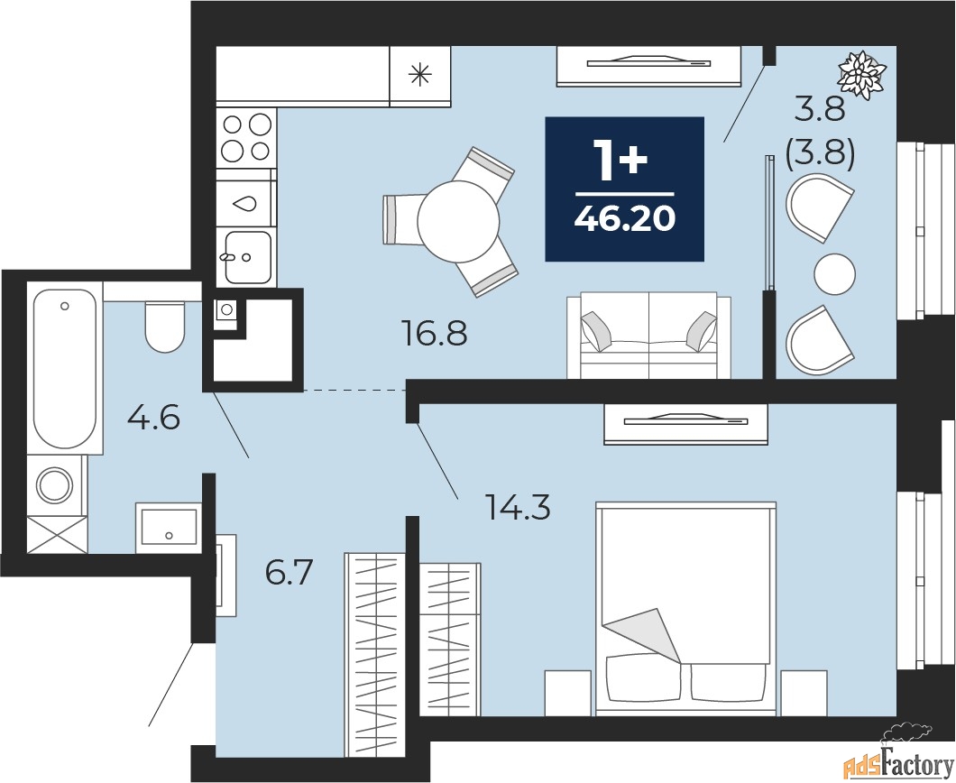 1 - комн. квартира, 46.2 м², 6/14 эт.