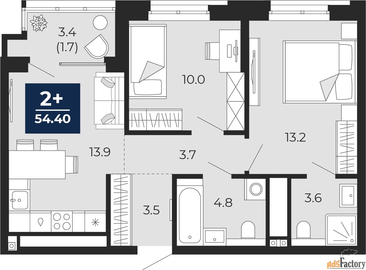 2 - комн. квартира, 54.4 м², 3/16 эт.