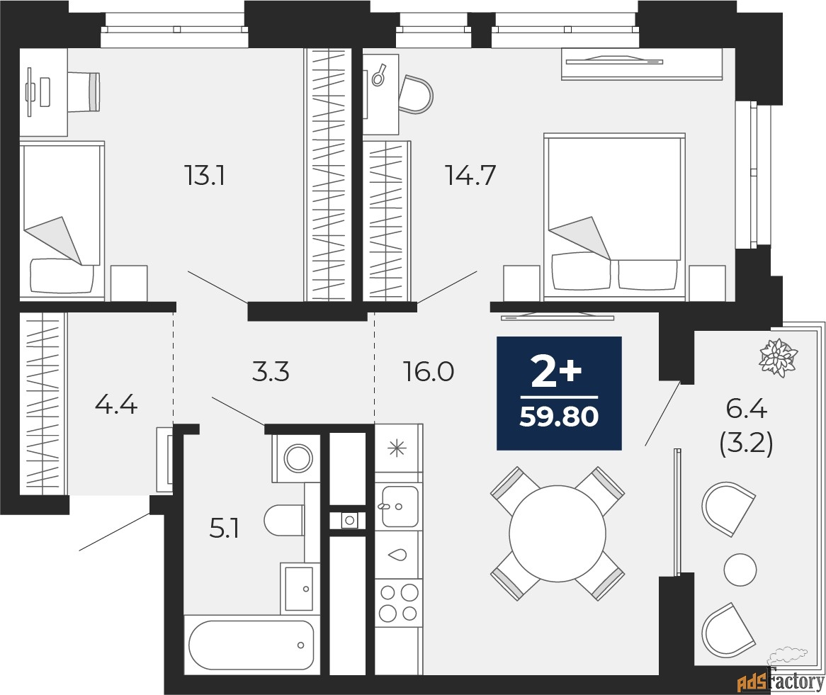 2 - комн. квартира, 59.8 м², 15/18 эт.
