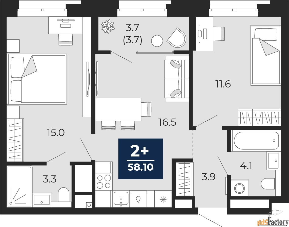 2 - комн. квартира, 58.1 м², 3/14 эт.