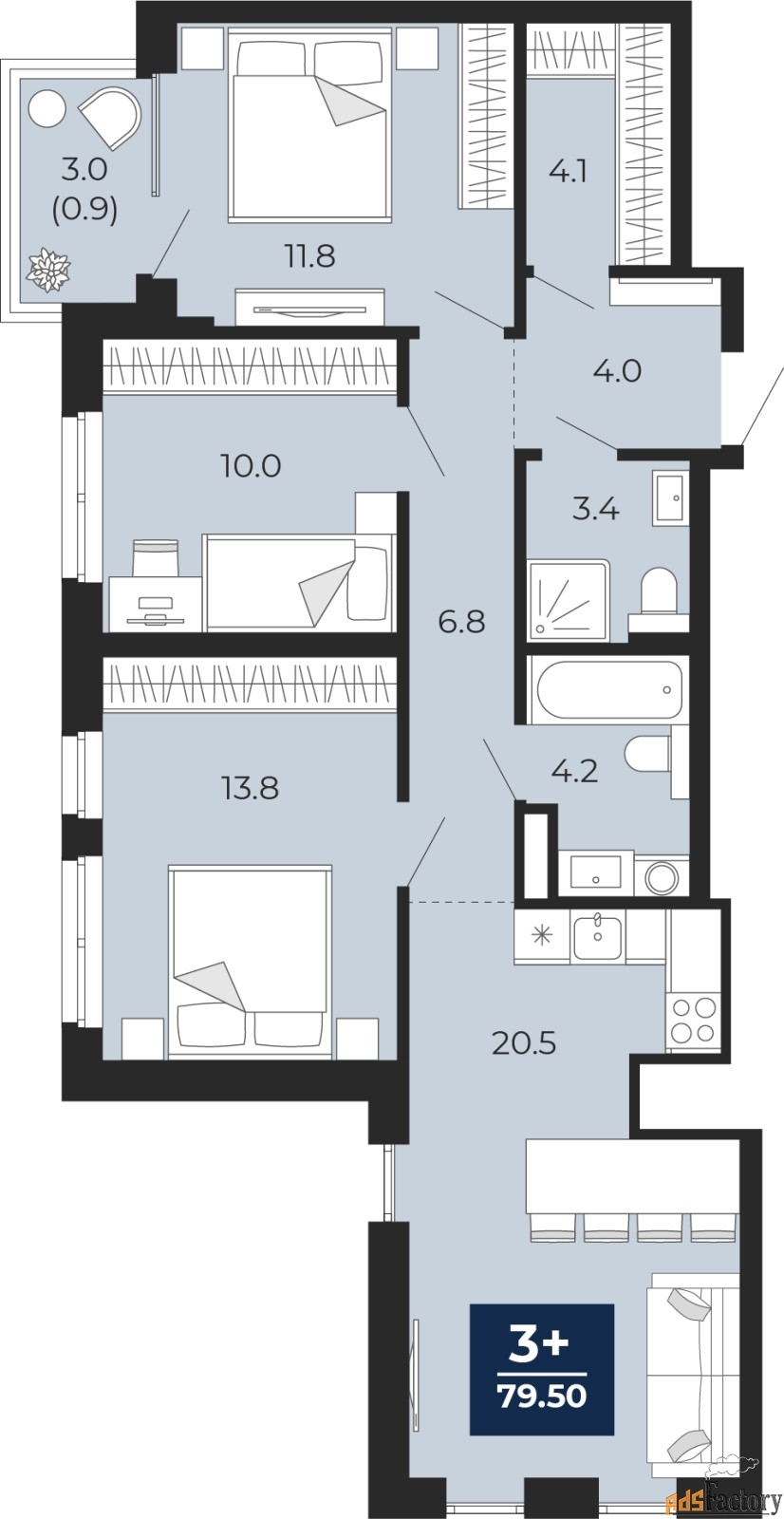 3 - комн. квартира, 79.5 м², 11/14 эт.