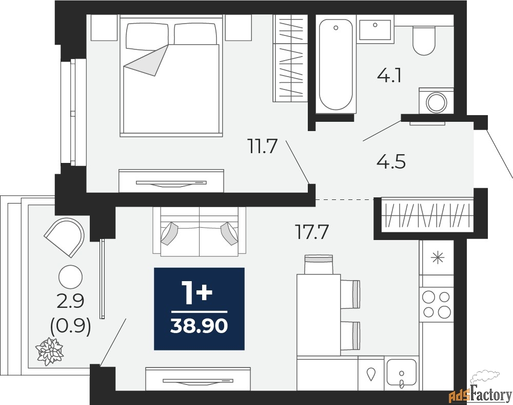 1 - комн. квартира, 38.9 м², 13/16 эт.