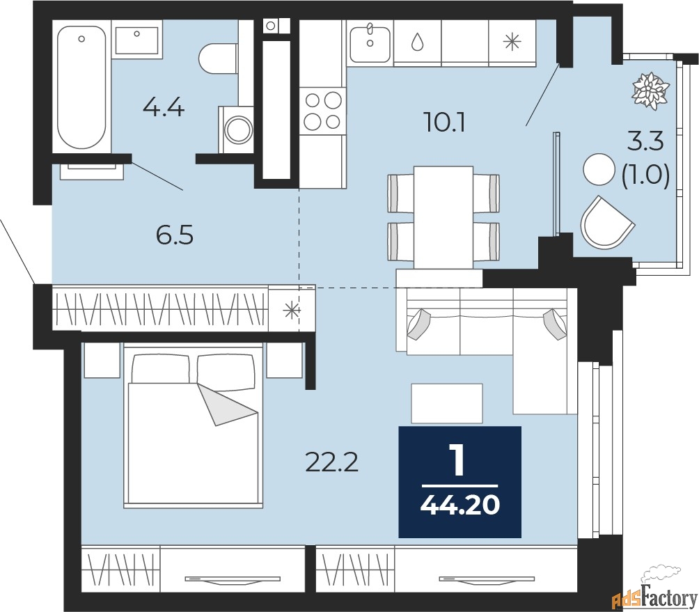 1 - комн. квартира, 44.2 м², 9/14 эт.