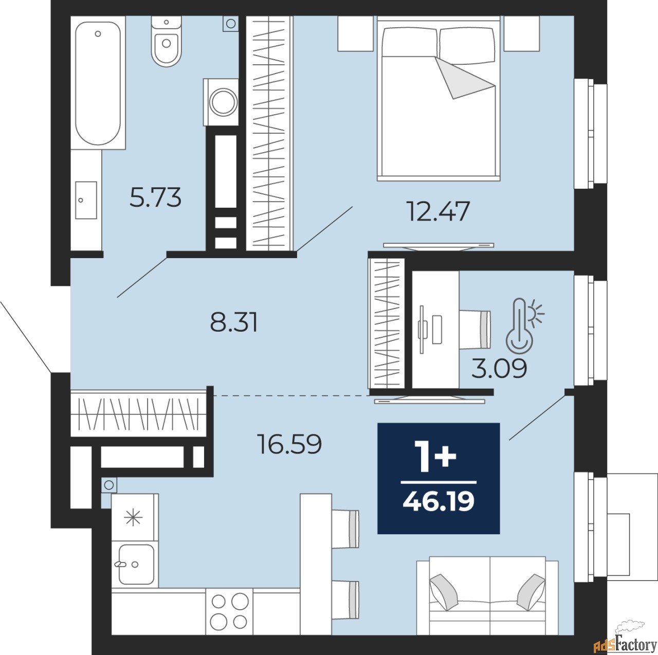 1 - комн. квартира, 46.19 м², 3/18 эт.
