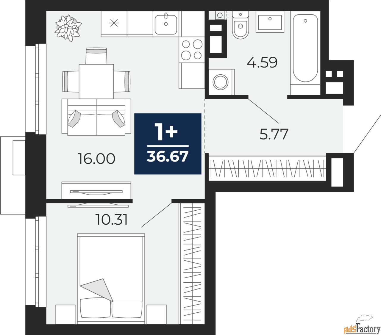 1 - комн. квартира, 36.67 м², 3/4 эт.