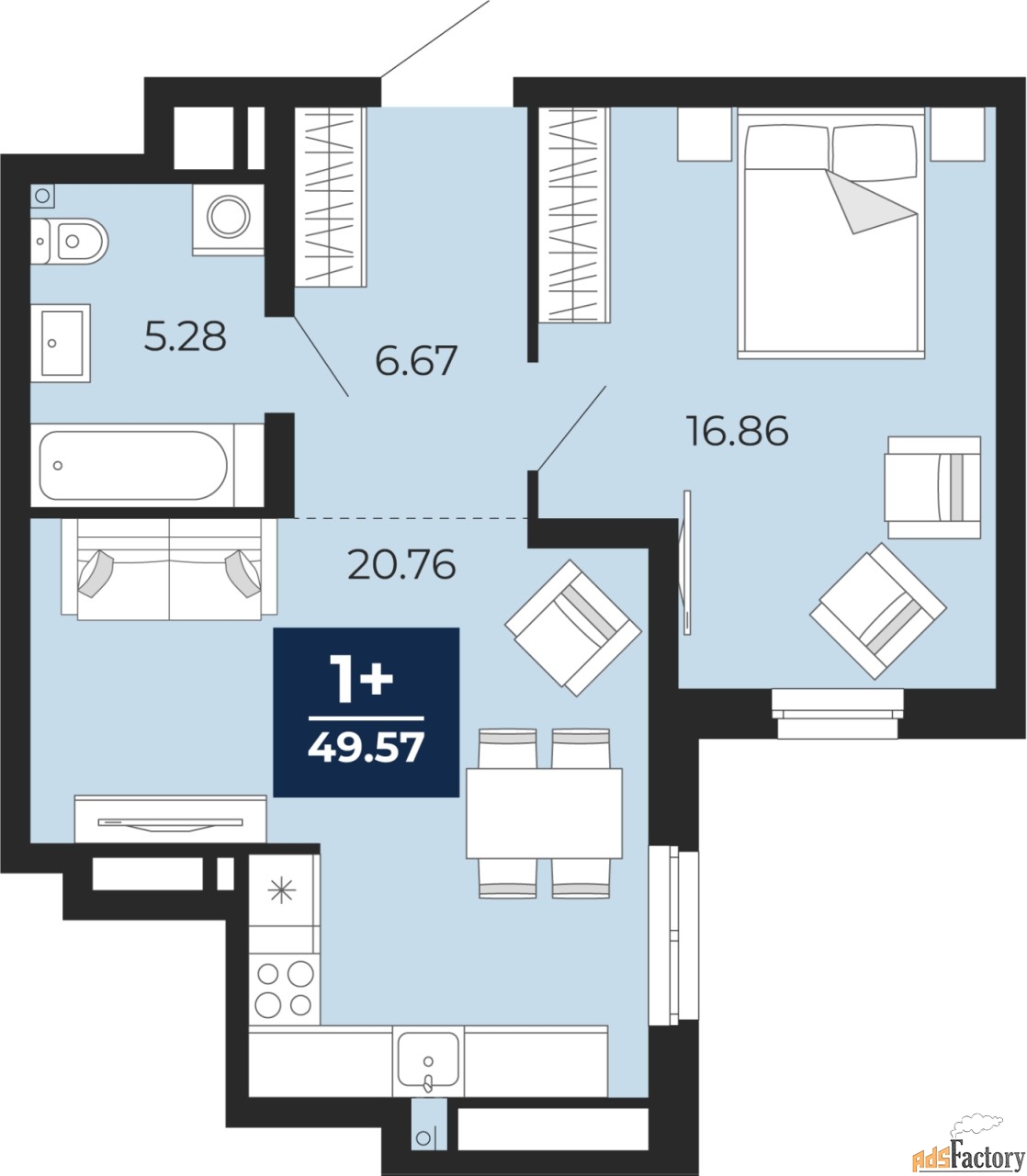 1 - комн. квартира, 49.57 м², 2/12 эт.