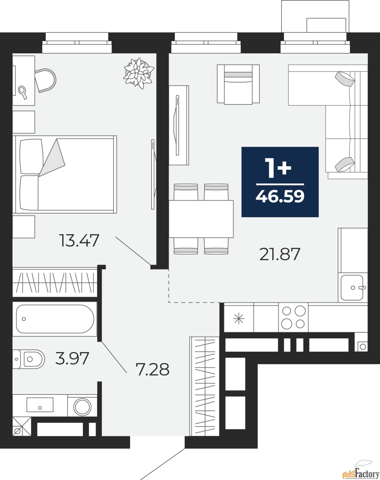 1 - комн. квартира, 46.59 м², 3/18 эт.