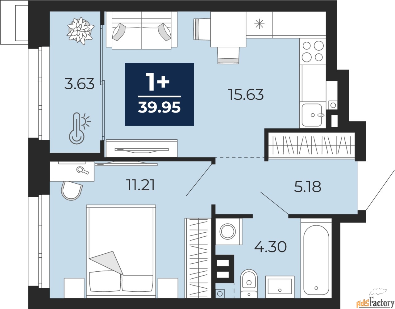 1 - комн. квартира, 39.95 м², 2/4 эт.