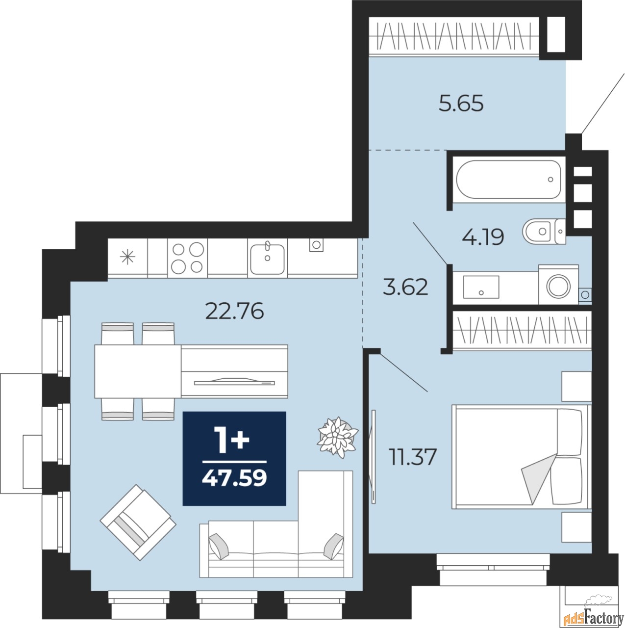 1 - комн. квартира, 47.59 м², 2/4 эт.